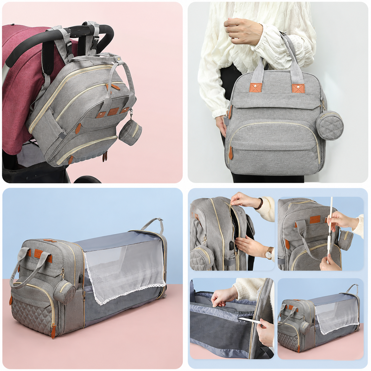 Gray baby diaper bag with stroller strap, changing station, and multiple pockets for mom essentials