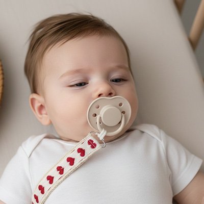 Baby with pacifier and red heart strap, cozy sleep accessory for gentle nights