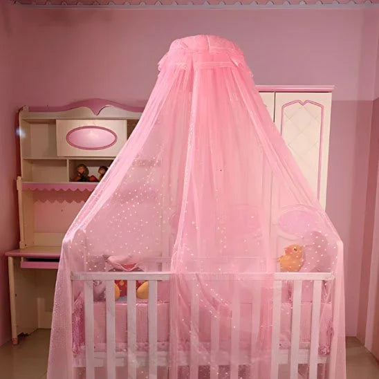 Pink starry canopy over baby crib in cozy nursery, soft bedding for sweet sleep