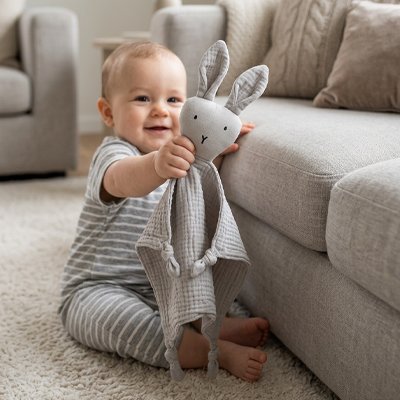 Happy baby holding soft bunny comforter, cozy living room setting for gentle sleep routines