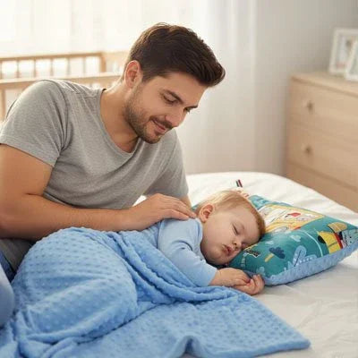 Father gently tucking baby into bed with cozy blue blanket for peaceful sleep