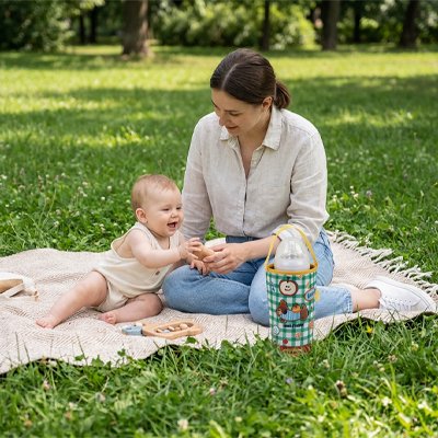 Mom and baby enjoying outdoor picnic on grass with baby bottle and toys, perfect for gentle parenting moments