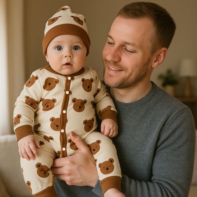 Baby in cute bear print onesie and matching hat, held by smiling dad for cozy sleepwear look