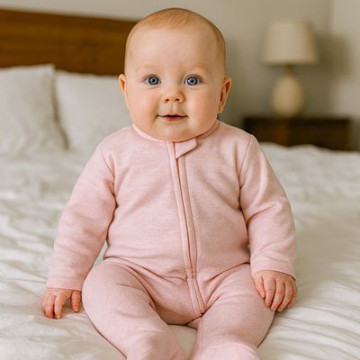 Baby in soft pink sleepwear sitting on bed, cozy bedtime outfit for peaceful nights
