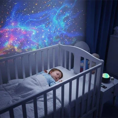 Baby sleeping peacefully in crib under colorful galaxy night light projection, promoting calm bedtime routine.
