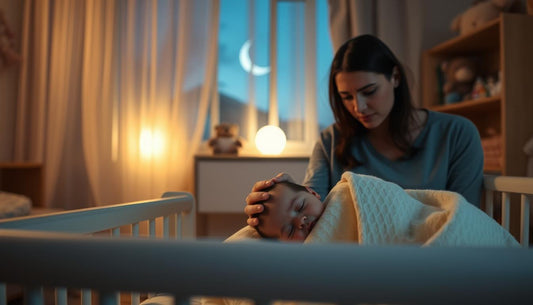 Maman fatiguée réveillée la nuit, penchée sur le berceau de son bébé pour l'aider à se rendormir dans une chambre tamisé