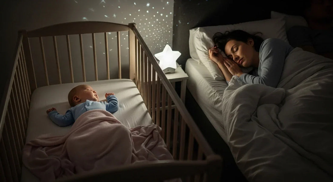 Bébé endormi dans son berceau sous une couverture rose, éclairé par une veilleuse en forme d'étoile projetant des points lumineux au mur