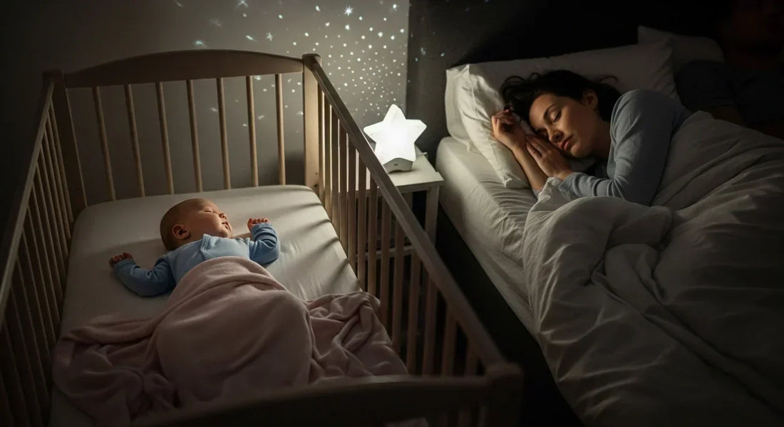Bébé endormi dans son berceau sous une couverture rose, éclairé par une veilleuse en forme d'étoile projetant des points lumineux au mur