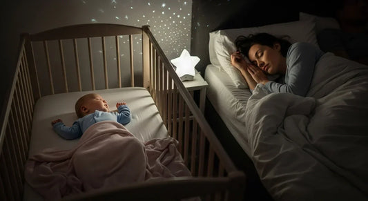 Bébé endormi dans son berceau sous une couverture rose, éclairé par une veilleuse en forme d'étoile projetant des points lumineux au mur