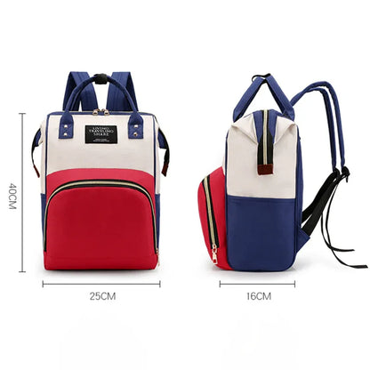 Red and blue baby diaper bag backpack with dimensions, ideal for travel and daily use