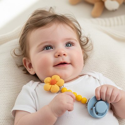 Attache tétine bébé avec perles décoratives en bois et silicone, coloris pastel