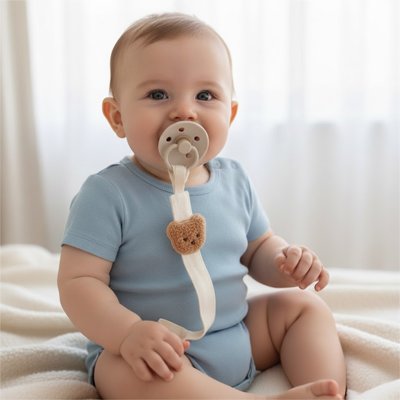 Attache tétine bébé avec pince métallique robuste, maintien solide sur les vêtements