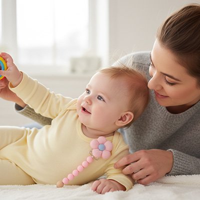 Attache tétine bébé avec système de fixation par boucle, maintien sécurisé sur vêtements