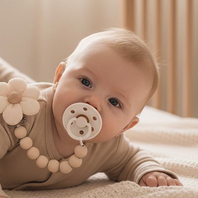 Attache tétine bébé en plusieurs coloris pastel, rose poudré beige naturel bleu