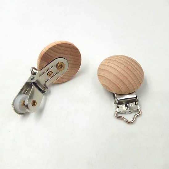 Wooden baby pacifier clips with metal clasps for secure attachment