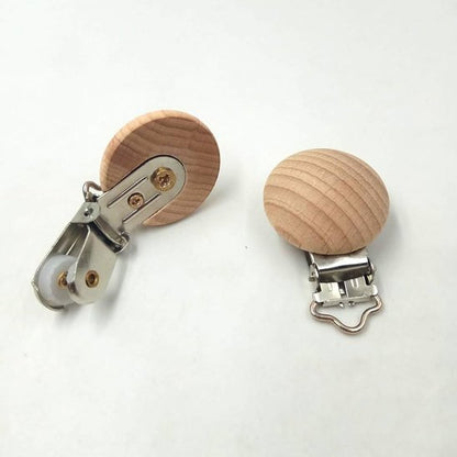 Wooden baby pacifier clips with metal clasps for secure attachment