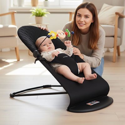 Balancelle bebe Transat ergonomique inclinable, siège berçant sécurisé avec harnais pour nouveau-né.