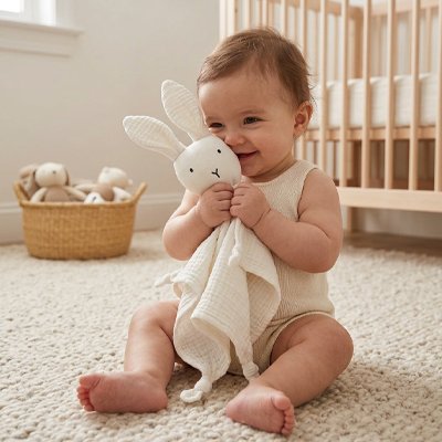 Happy baby holding soft bunny lovey blanket in nursery, cozy sleep essentials for sweet dreams