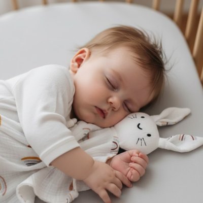 Baby sleeping peacefully with soft bunny comforter in crib, ideal for gentle nighttime rest