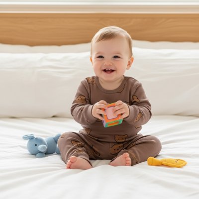 Happy baby in brown pajamas playing with colorful toy on soft white bed, surrounded by plush toys