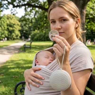 Mom holding baby in carrier with portable white sound machine for soothing sleep outdoors