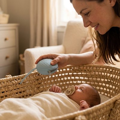 Mother using baby white noise machine beside sleeping infant in wicker bassinet for peaceful nursery sleep