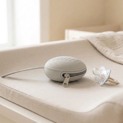 Soft baby sleep aid device with pacifier on cozy nursery changing pad