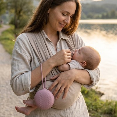 Mother holding baby with pink portable sound machine for soothing sleep outdoors