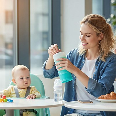 Mom preparing baby bottle at high chair, cozy feeding moment with baby in yellow outfit