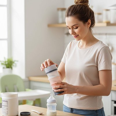 Mom preparing baby bottle with formula in cozy kitchen, gentle parenting essentials for infant care