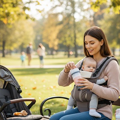Mother holding baby in carrier at park, enjoying outdoor time with stroller nearby
