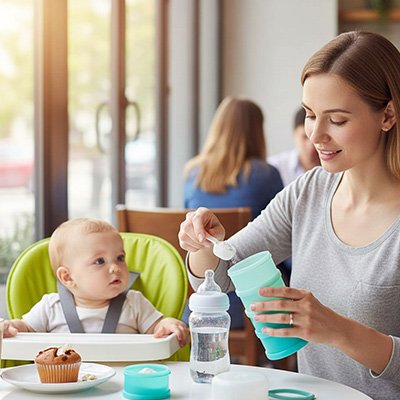 Mom feeding baby with bottle and sippy cup at cafe table, baby in green high chair with muffin