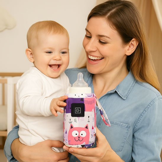 Happy baby holding colorful cat-themed baby bottle with mom, ideal for gentle feeding and bedtime routines
