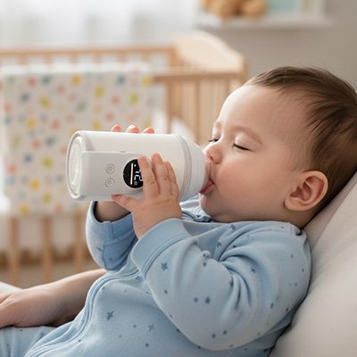 Bébé buvant dans une bouteille blanche, vêtu d'un pyjama bleu étoilé, dans une chambre douce et apaisante