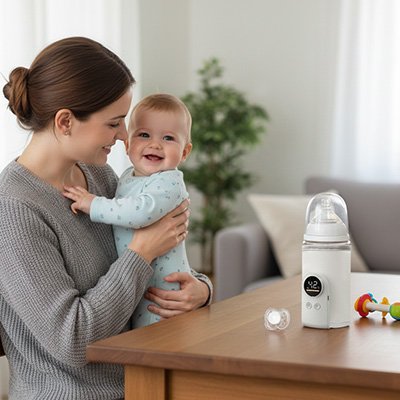 Mère souriant à son bébé joyeux, chauffe biberon blanc avec écran 42 °C posé sur la table à côté de jouets colorés
