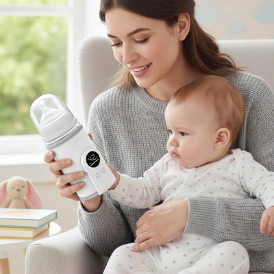 Maman tenant biberon intelligent pour bébé, accessoire confortable et tendance pour nuits douces
