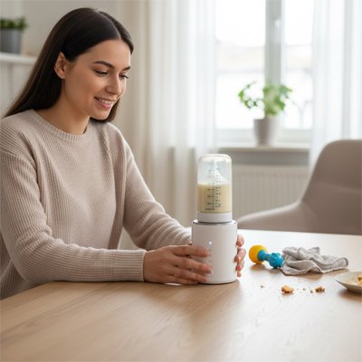 Mom using baby bottle warmer for safe, warm milk at home