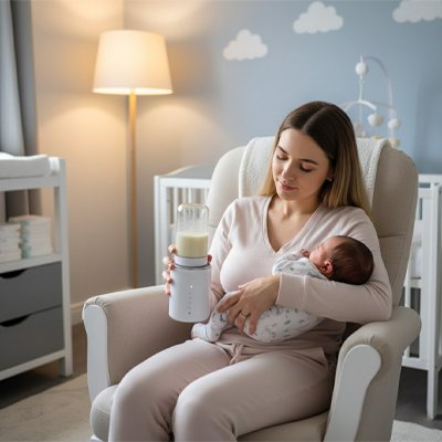 Mother feeding newborn baby with bottle in cozy nursery, soft lighting, cloud wall decals, baby sleep essentials