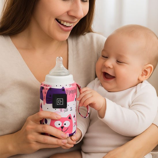 Happy baby holding colorful cat-patterned bottle with mom, ideal for soothing nighttime feeds.