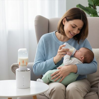 Mother feeding baby with bottle, warm nightlight on table for cozy nursery sleep