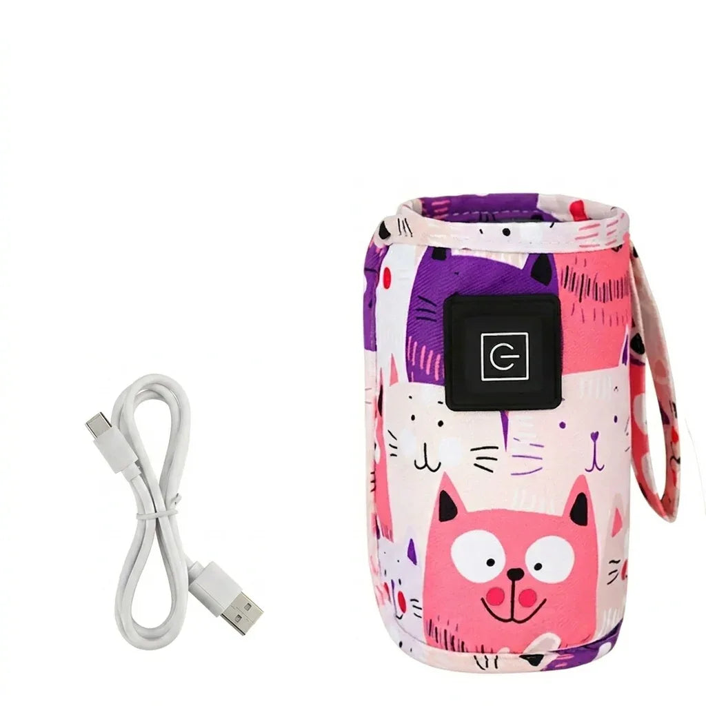 Cute cat-print baby bottle warmer with USB charging cable, portable and cozy for baby's milk on the go
