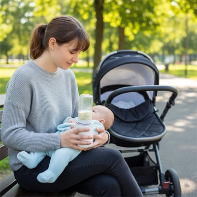Mother feeding baby with bottle in park, stroller nearby for comfortable outings