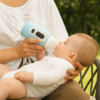 Mother feeding baby with smart bottle outdoors, gentle baby care for happy sleep