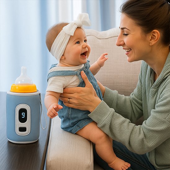 Happy baby with mom, digital baby bottle warmer on table, cozy parenting moment