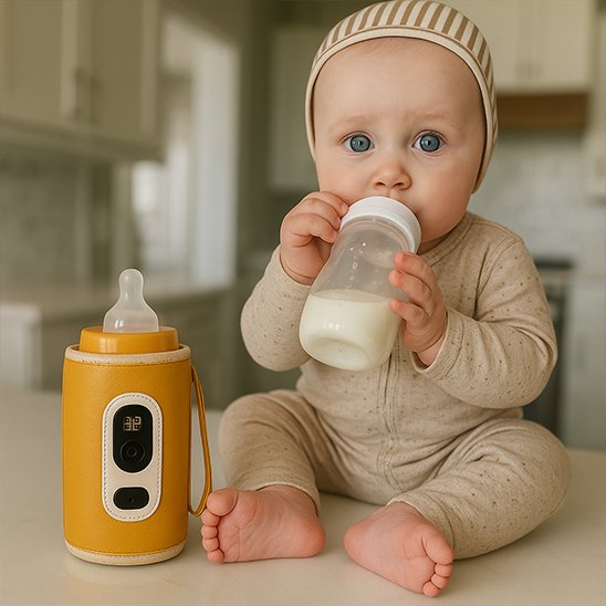 Baby drinking milk from bottle beside smart bottle warmer, cozy nursery setting