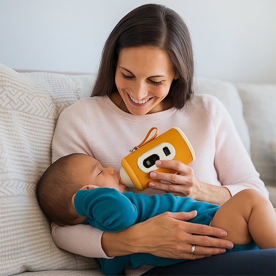 Mom holding baby with yellow baby monitor for safe, peaceful sleep