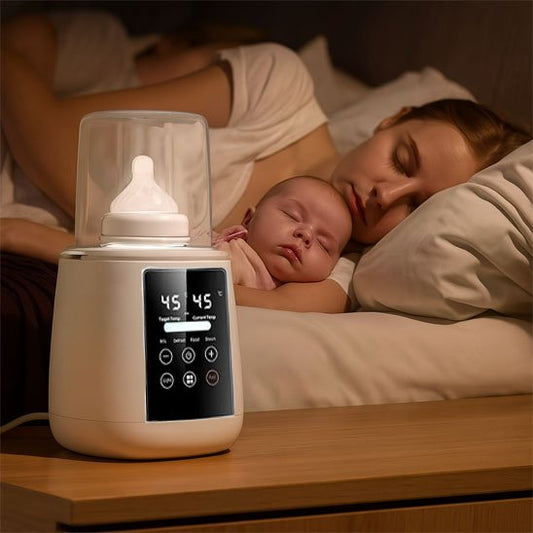 Baby sleeping peacefully beside a smart bottle warmer on a nightstand, ensuring cozy nighttime care.