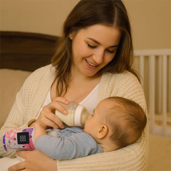 Mother feeding baby with bottle, cozy nursery setting, soft baby essentials