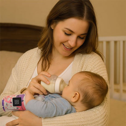 Mother feeding baby with bottle, cozy nursery setting, soft baby essentials