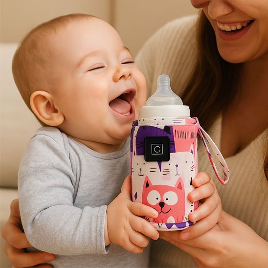 Happy baby laughing with colorful cat-patterned baby bottle holder, held by smiling mom